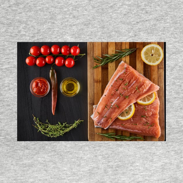 Raw salmon fillets on a wooden board by naturalis